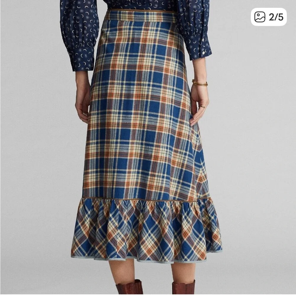 Ralph Lauren Double RL Blue Plaid Midi Skirt with Brown and Cream - Picture 2 of 6